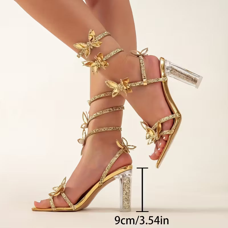 Women's high-heeled sandals adorned with crystals